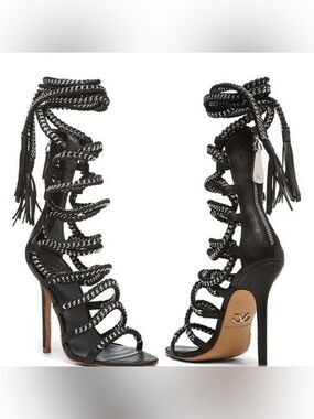 Monika Chiang Black “Imena” Braided Gladiator Stiletto Sandals